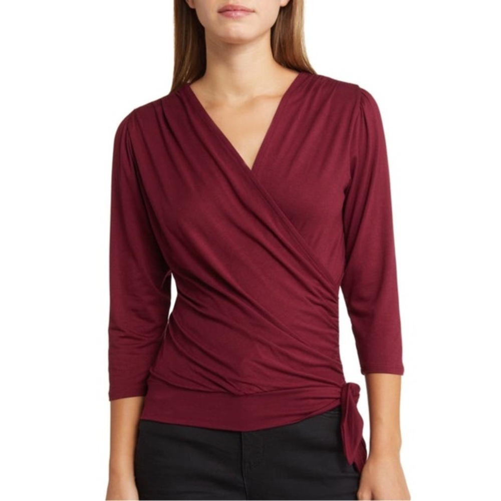 Loveappella Elegant Burgundy Faux Tie Wrap Top Size Small New WOT